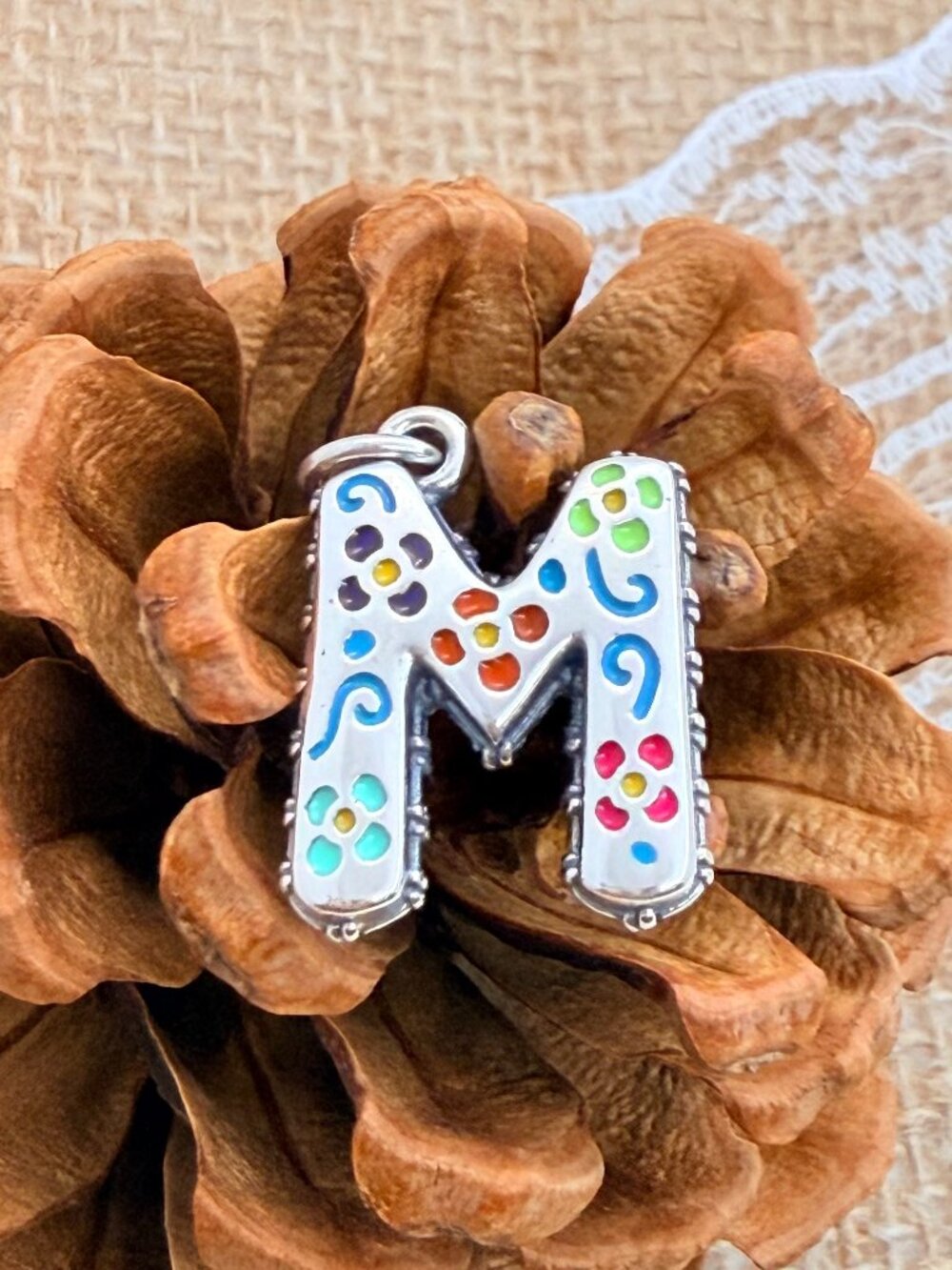 James Avery Enamel Consuela Floral Initial M Charm Sterling Silver